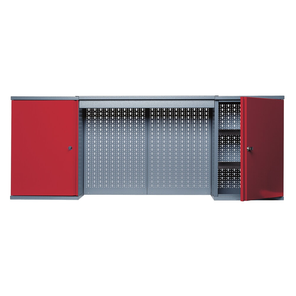 Produktabbildung: Hängeschrank mit 4 Einlegeböden + 4 Lochrückwänden +  Lichtblende, HxBxT 600 x 1.600 x 190 mm, rot