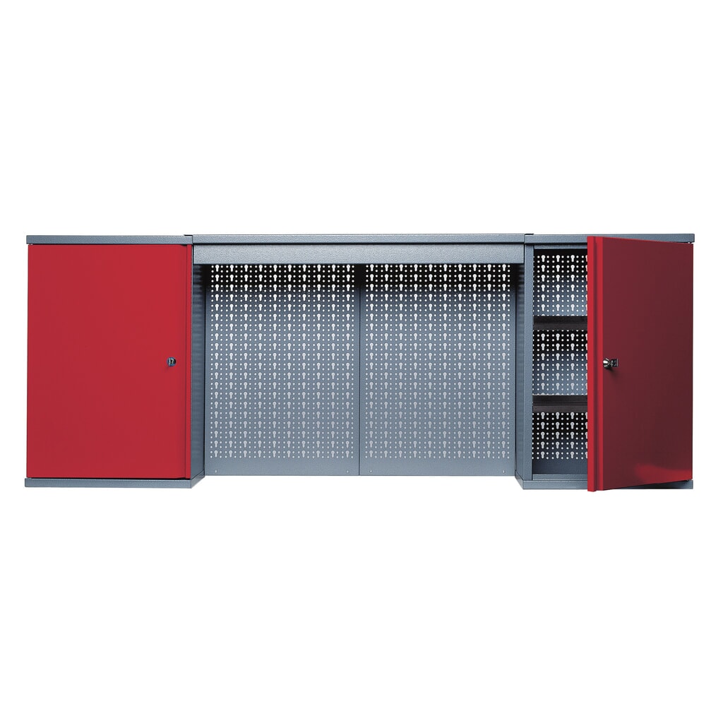 Hängeschrank mit 4 Einlegeböden + 4 Lochrückwänden + Lichtblende, HxBxT 600 x 1.600 x 190 mm, rot Produktabbildung: Hängeschrank mit 4 Einlegeböden + 4 Lochrückwänden + Lichtblende, HxBxT 600 x 1.600 x 190 mm, rot