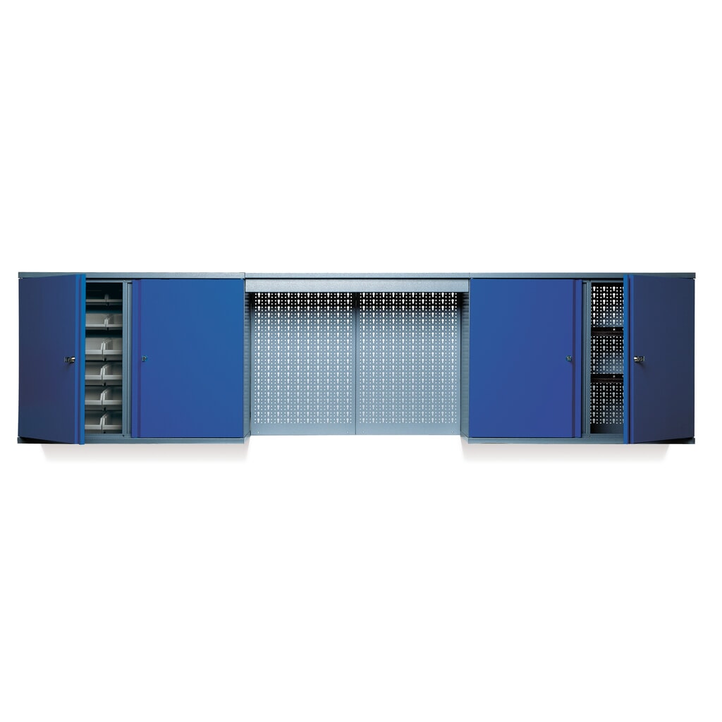 Produktabbildung: Hängeschrank mit 4 Einlegeböden + 4 Lochrückwand + 12 Sichtboxen + Lichtblende, blau