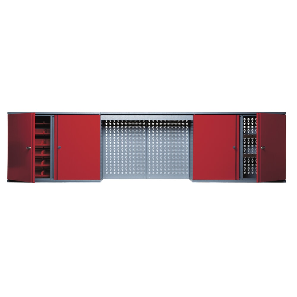 Produktabbildung: Hängeschrank mit 4 Einlegeböden + 4 Lochrückwand + 12 Sichtboxen + Lichtblende, rot