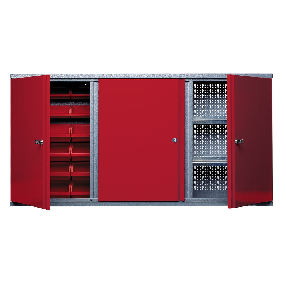 Produktabbildung: Hängeschrank mit 2 Lochrückwänden + 18 Sichtboxen, HxBxT 600 x 1.200 x 190 mm, rot