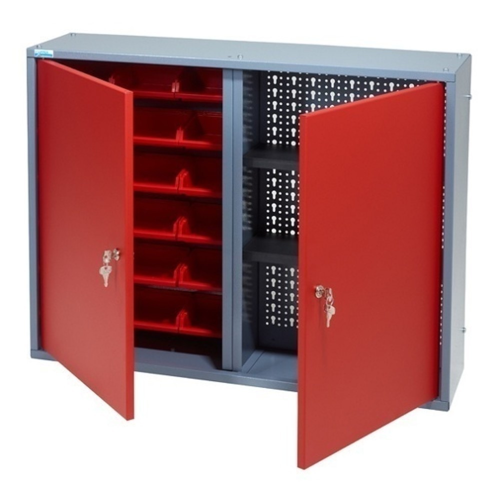 Produktabbildung: Hängeschrank mit 1 Lochrückwand + 18 Sichtboxen, HxBxT 600 x 800 x 190 mm, rot