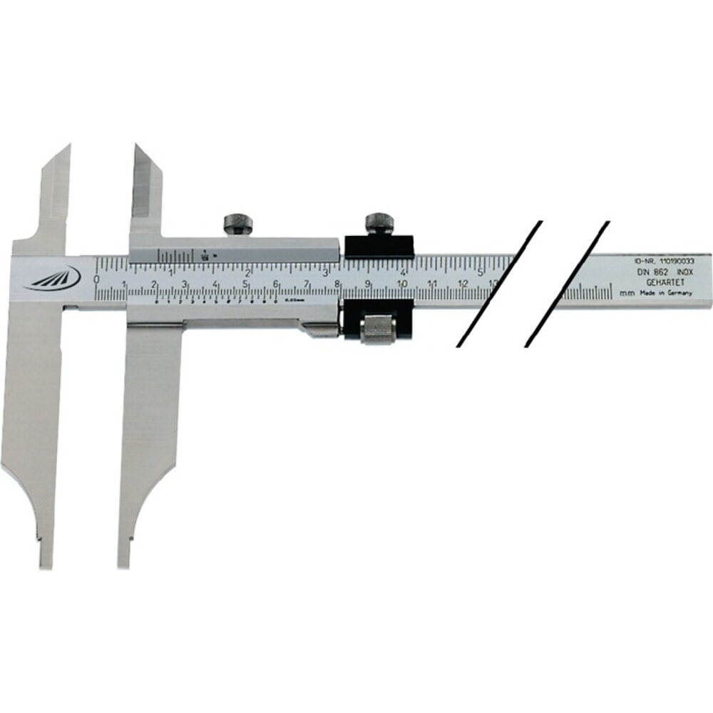 Produktabbildung: HELIOS PREISSER Werkstattmessschieber DIN 862, mit Messerspitzen und Feineinstellung, 300 mm, Schnabellänge 90 mm