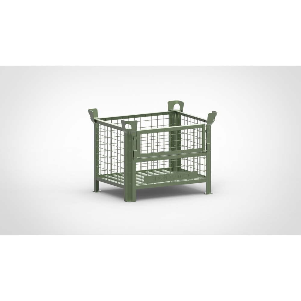 Produktabbildung: HESON® Industrie-Gitterbox, mit ½ Gitterklappe, lackiert, HxBxT 600 x 800 x 600 mm, resedagrün