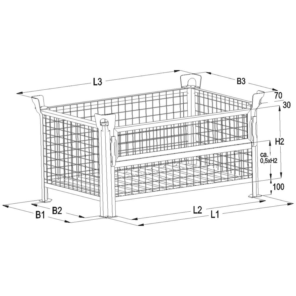 Produktabbildung Nr. 2: HESON® Industrie-Gitterbox, mit ½ Gitterklappe, lackiert, HxBxT 600 x 800 x 600 mm, resedagrün