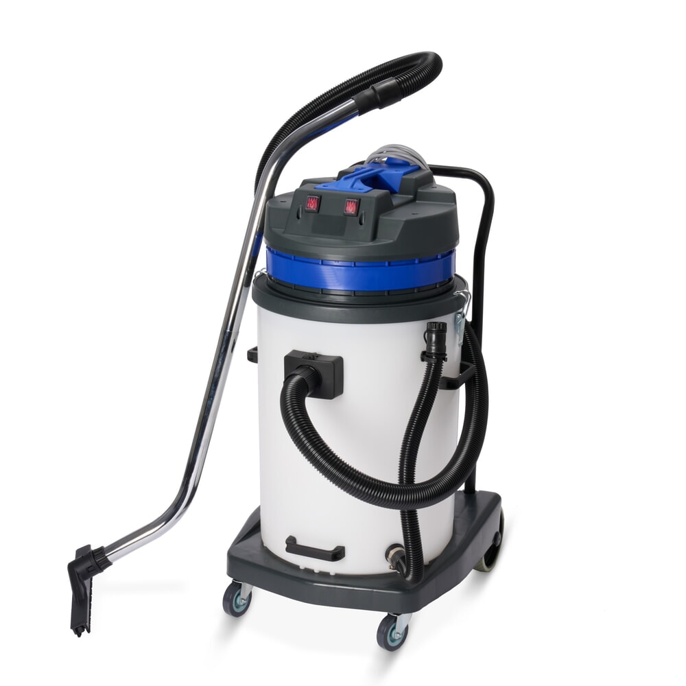 Produktabbildung: HEMMDAL Industriesauger, nass + trocken, Kunststoffbehälter, 2.000 W, 70 l, Kippfahrgestell, Schiebebügel, Ablass-Schlauch