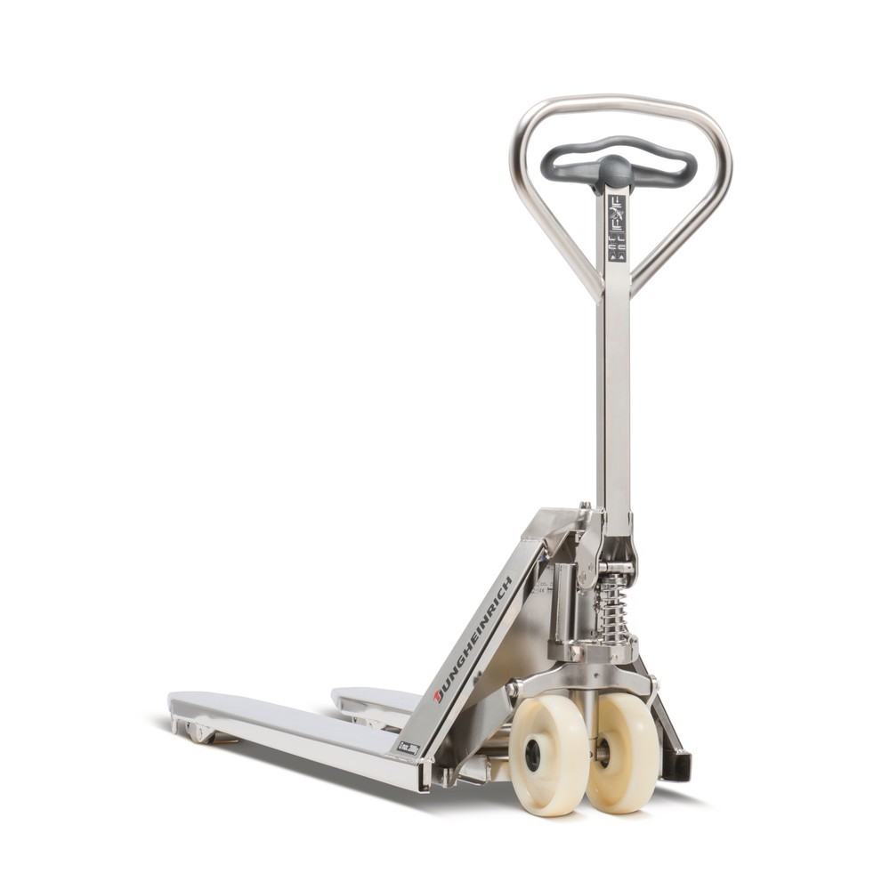 Produktabbildung: Jungheinrich Edelstahl-Handhubwagen AM I20p, Professional-Ausführung, Tragfähigkeit 2.000 kg, Sonder-Gabeltragbreite 680 mm, Gabellänge 810 mm, Polyurethan, Tandemrollen