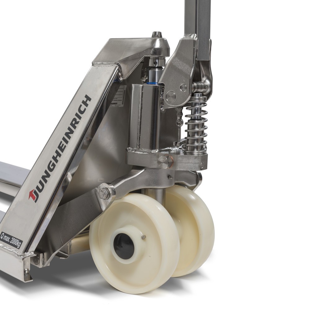 Produktabbildung Nr. 3: Jungheinrich Edelstahl-Handhubwagen AM I20p, Professional-Ausführung, Tragfähigkeit 2.000 kg, Sonder-Gabeltragbreite 680 mm, Gabellänge 970 mm, Polyurethan, Tandemrollen
