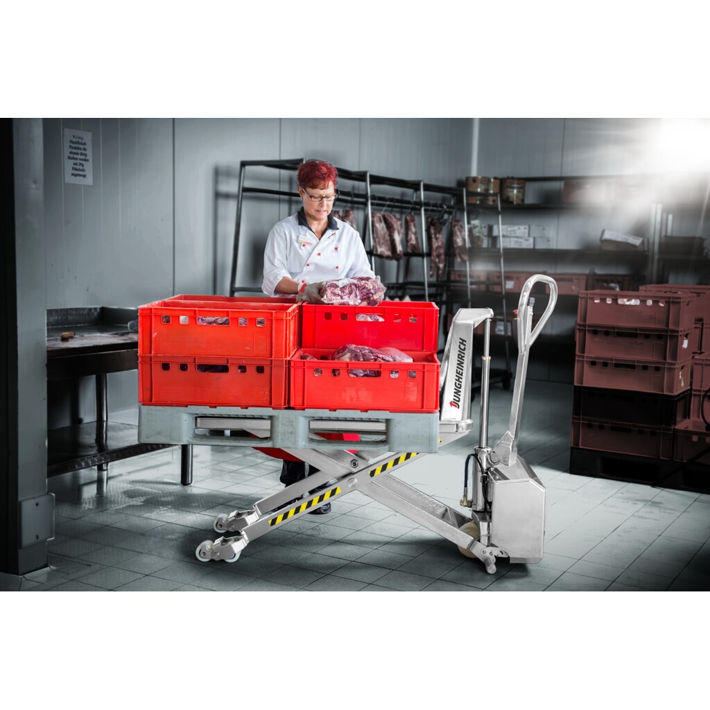 Jungheinrich Edelstahl-Scherenhubwagen AMX I15ep, Professional, Tragfähigkeit 1.500 kg, Gabellänge 1.200 mm, Nylon Produktabbildung Nr. 2: Jungheinrich Edelstahl-Scherenhubwagen AMX I15ep, Professional, Tragfähigkeit 1.500 kg, Gabellänge 1.200 mm, Nylon