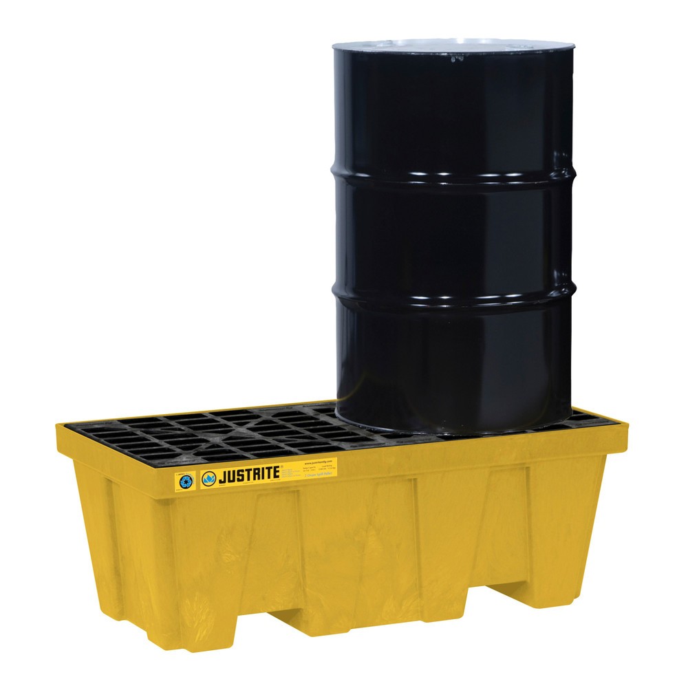 Produktabbildung: Justrite® Auffangwanne aus 100 % Recycling-Kunststoff, für 2x 200-Liter-Fässer, Auffangvolumen 250 l, gelb