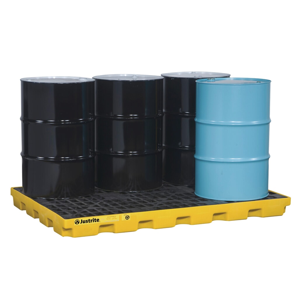 Justrite® Flach-Auffangwanne aus PE, 6x 200 l, Auffangvolumen 276 l, gelb Produktabbildung: Justrite® Flach-Auffangwanne aus PE, 6x 200 l, Auffangvolumen 276 l, gelb