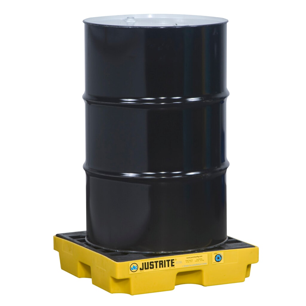 Justrite® Flach-Auffangwanne aus PE, 1x 200 l, Auffangvolumen 45 l, gelb Produktabbildung: Justrite® Flach-Auffangwanne aus PE, 1x 200 l, Auffangvolumen 45 l, gelb
