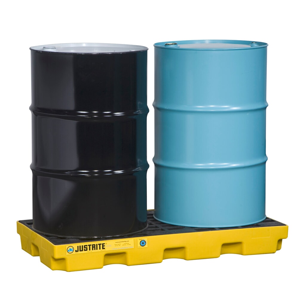 Justrite® Flach-Auffangwanne aus PE, 2x 200 l, Auffangvolumen 90 l, gelb Produktabbildung: Justrite® Flach-Auffangwanne aus PE, 2x 200 l, Auffangvolumen 90 l, gelb