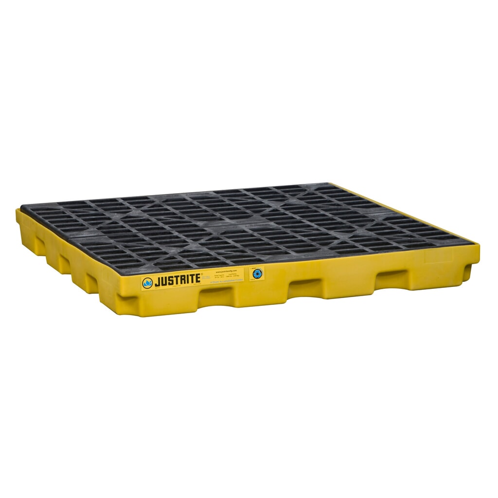 Justrite® Flach-Auffangwanne aus PE, 4x 200 l, Auffangvolumen 185 l, gelb Produktabbildung: Justrite® Flach-Auffangwanne aus PE, 4x 200 l, Auffangvolumen 185 l, gelb