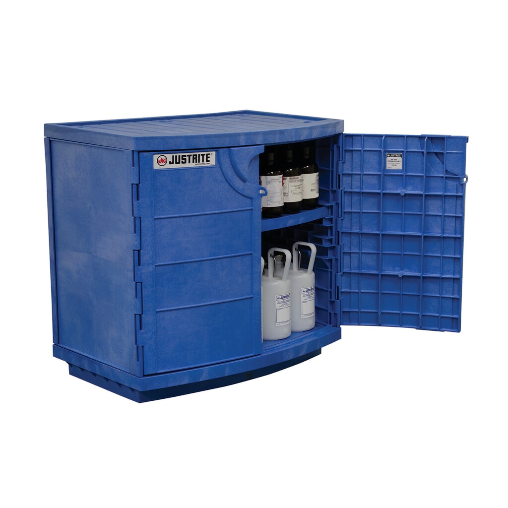 Justrite® PE-Chemikalienschrank für korrosive Chemikalien, HxBxT 900 x 910 x 640 mm, 1 Fachboden, manuell schliessend Produktabbildung Nr. 3: Justrite® PE-Chemikalienschrank für korrosive Chemikalien, HxBxT 900 x 910 x 640 mm, 1 Fachboden, manuell schliessend