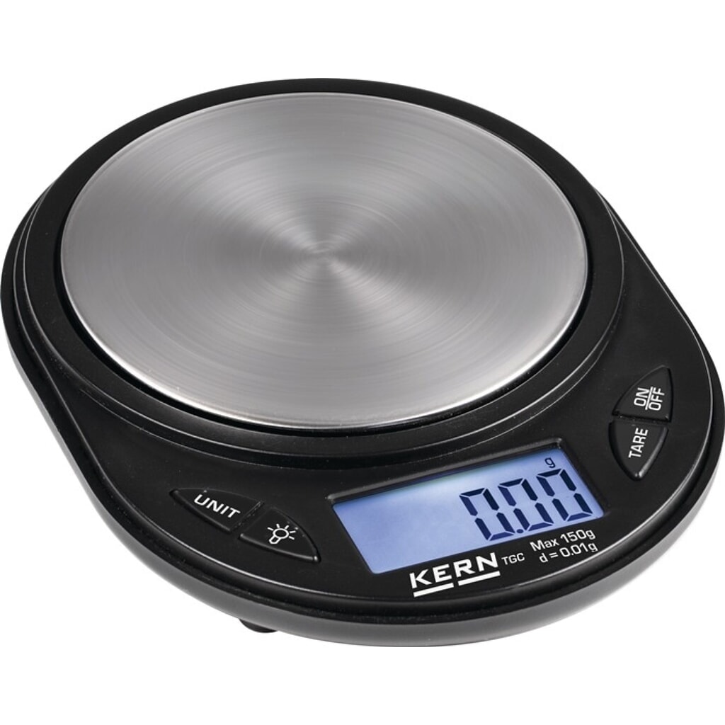 KERN Taschenwaage, Batteriebetrieb Ziffernschritt 0,01 g, Wägebereich 0,15 kg, Wägeplattform-Ø 81 mm Produktabbildung: KERN Taschenwaage, Batteriebetrieb Ziffernschritt 0,01 g, Wägebereich 0,15 kg, Wägeplattform-Ø 81 mm