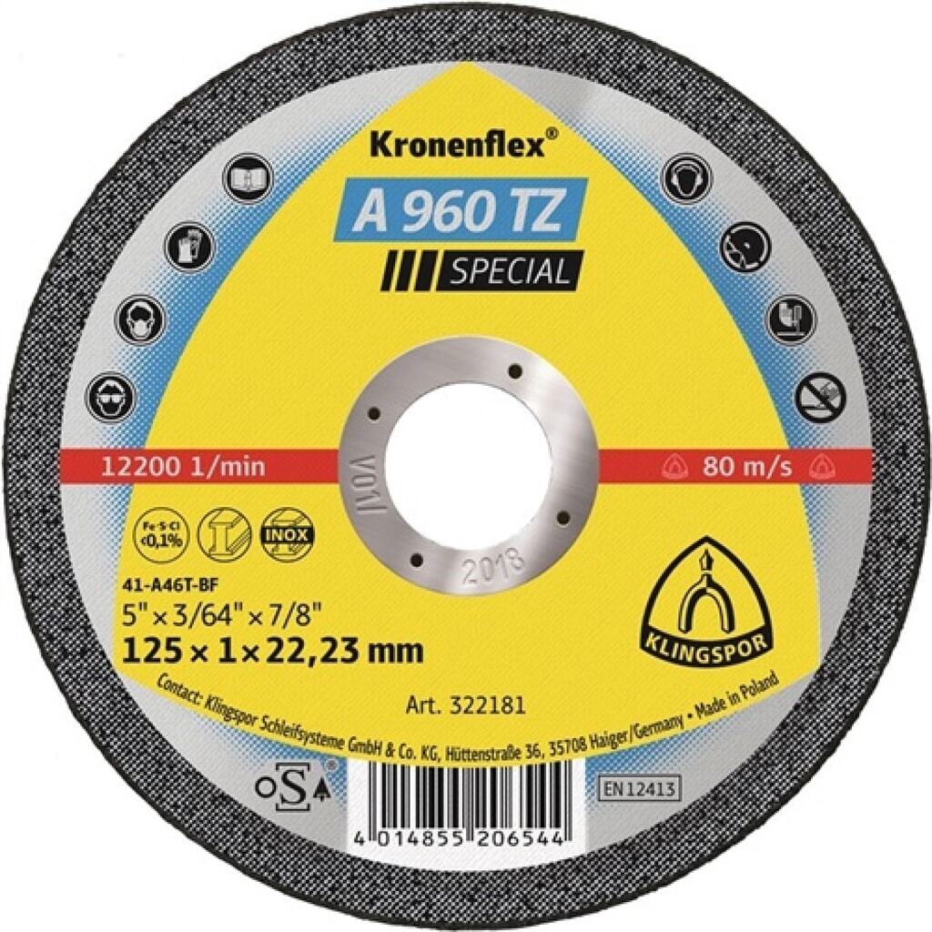 Trennscheibe A 960 TZ Special D115x1mm ger.INOX Bohr.22,23mm KLINGSPOR Produktabbildung: Trennscheibe A 960 TZ Special D115x1mm ger.INOX Bohr.22,23mm KLINGSPOR