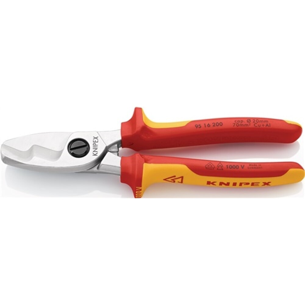 Produktabbildung: Kabelschere VDE L.200mm max.70mm2 Chrom m.Mehrkomp.-Hüllen KNIPEX m.Klemmschutz