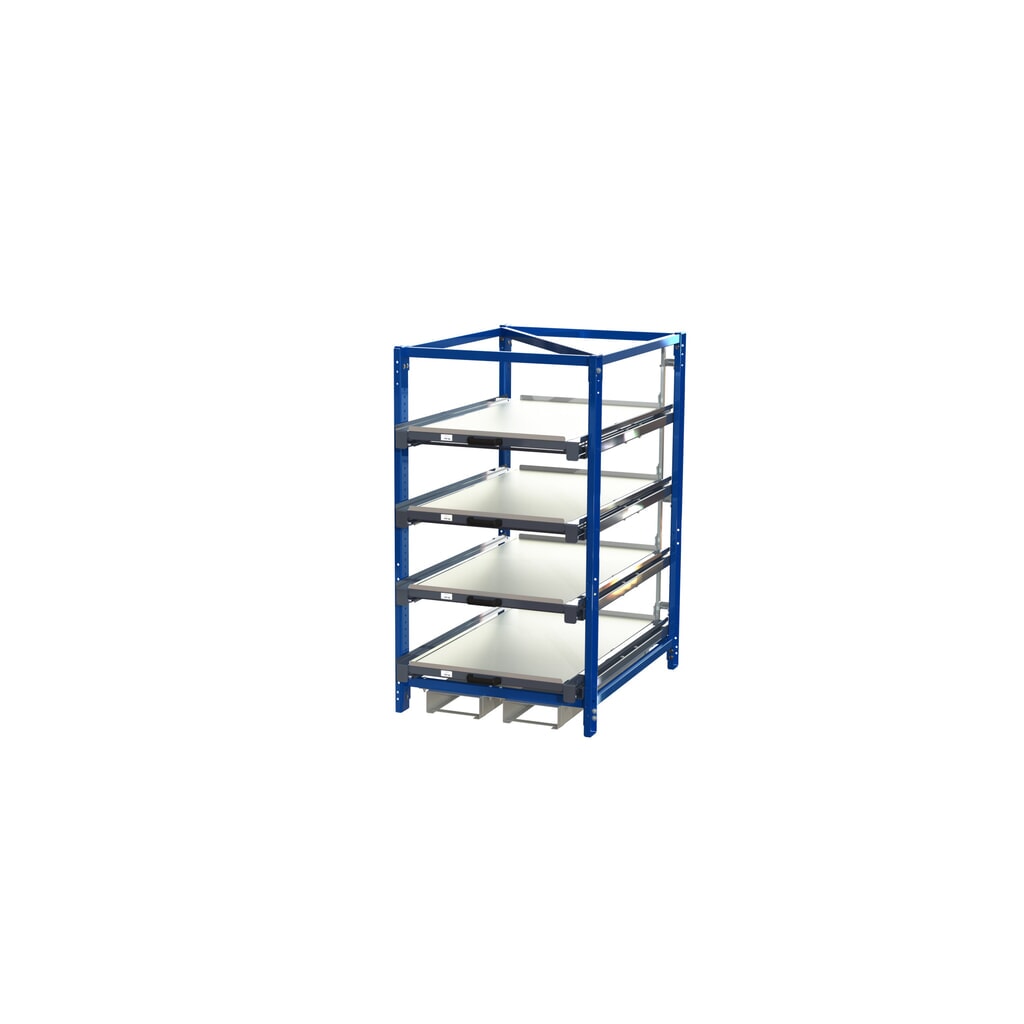 Kompakt-Auszugsregal mit 4 Schubfächern, Fachlast 150 kg, Höhe 1.560 mm, mit Einfahrtaschen Produktabbildung: Kompakt-Auszugsregal mit 4 Schubfächern, Fachlast 150 kg, Höhe 1.560 mm, mit Einfahrtaschen