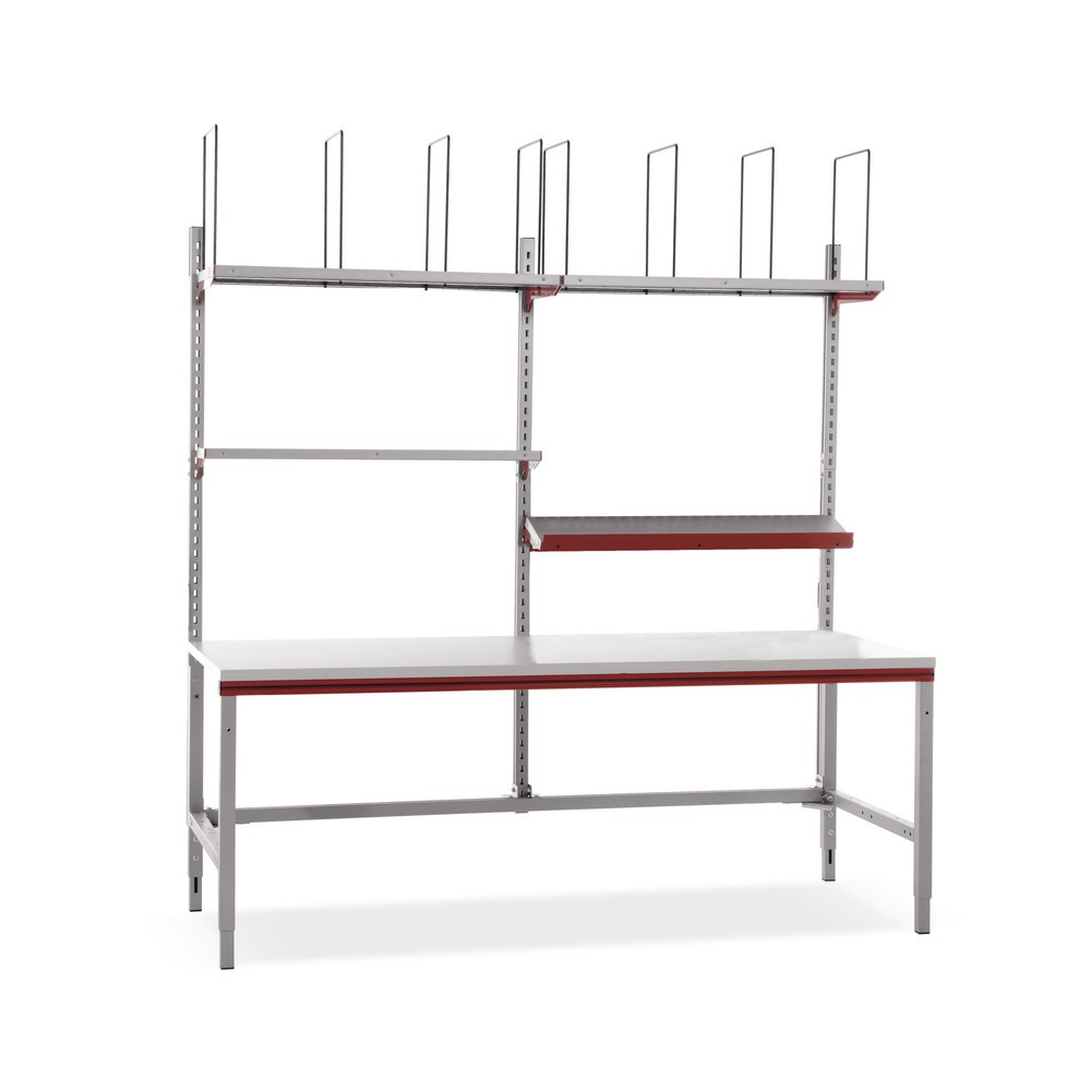Produktabbildung: Rocholz Manuell höhenverstellbarer Packtisch FLEX, Aufbau mit Ablageböden und Fachteilern, HxBxT 690-960 x 2.000 x 800 mm