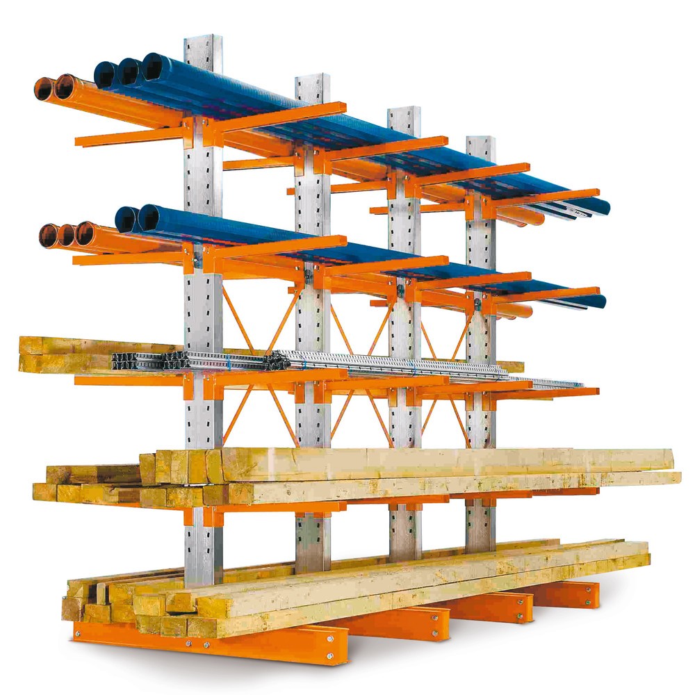 Produktabbildung: Komplettpaket Kragarmregal, leichte Ausführung, doppelseitig, Tragkraft pro Arm 300 kg, HxBxT 2.432 x 3.000 x 1.180 mm, 4 Ständer
