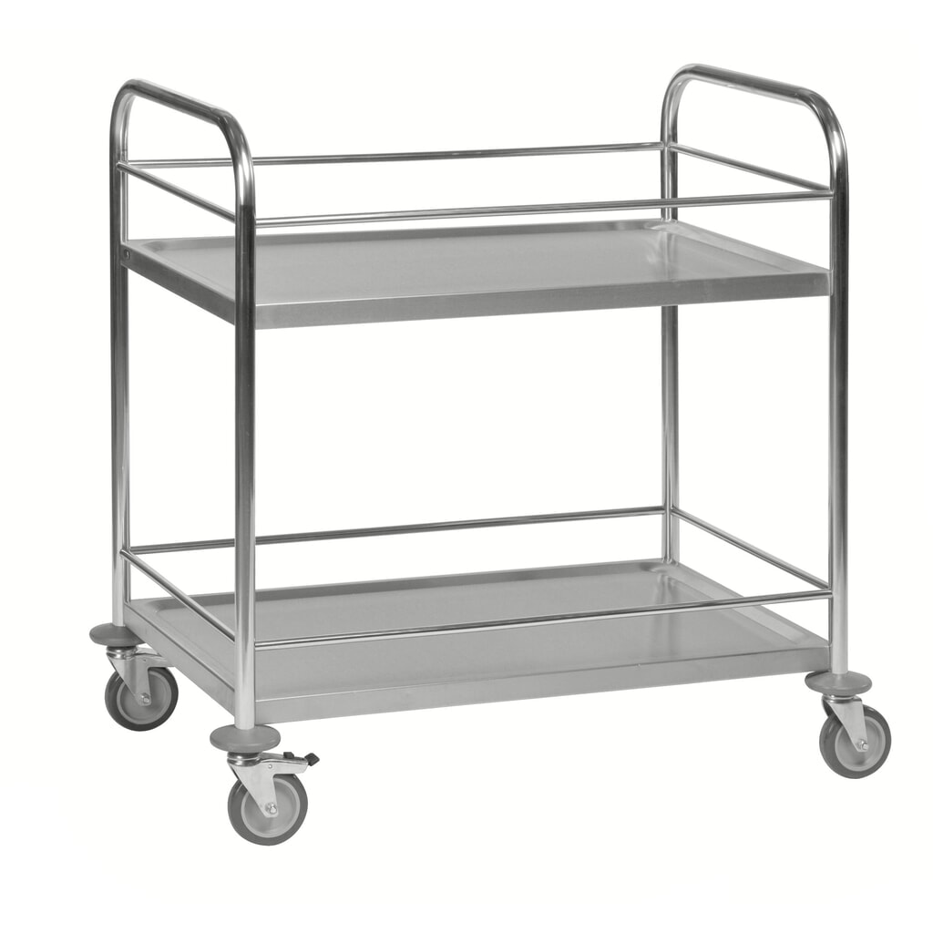 Kongamek Servierwagen aus Edelstahl, 2 Böden, HxBxT 940 x 590 x 910 mm, Schutzstange Produktabbildung: Kongamek Servierwagen aus Edelstahl, 2 Böden, HxBxT 940 x 590 x 910 mm, Schutzstange