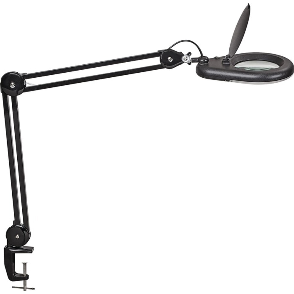 Produktabbildung: LED-Lupenleuchte, Tischklemme, Glaslinse 127 (5 ″), schwarz mit Abdeckung, runder Kopf