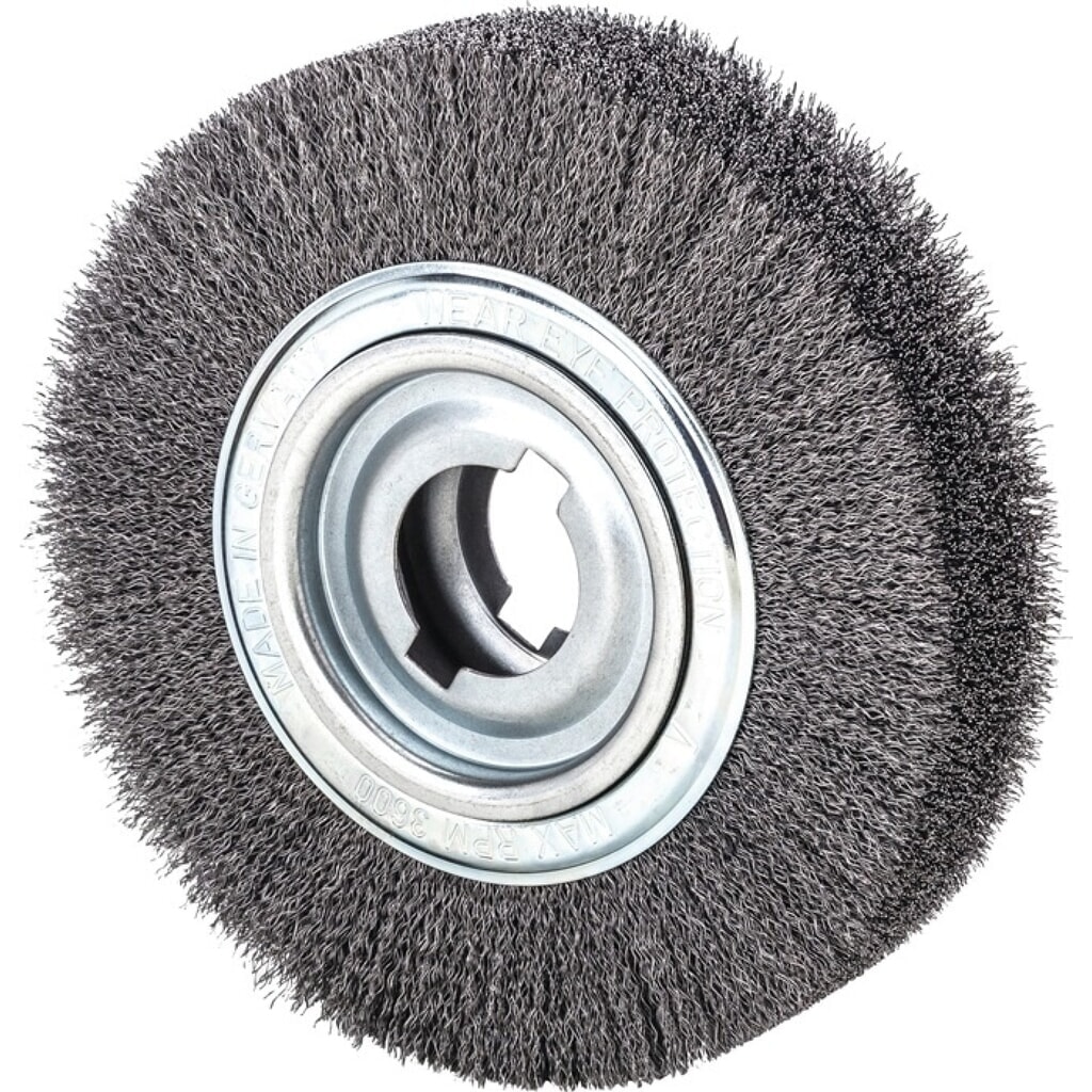 LESSMANN Rundbürste, Stahl 60 mm, Ø 250 mm Drahtstärke 0,35 mm, 3600 min-¹ Produktabbildung: LESSMANN Rundbürste, Stahl 60 mm, Ø 250 mm Drahtstärke 0,35 mm, 3600 min-¹
