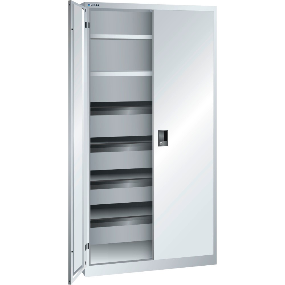 Produktabbildung: LISTA Flügeltürschrank, (BxTxH) 1000x580x1950mm, 4 Auszug-, 2 Verstellböden, lichtgrau, KEY Lock