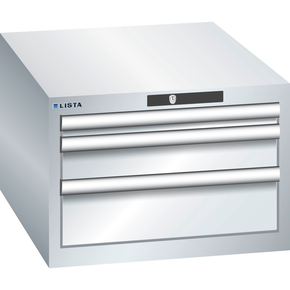 Produktabbildung: LISTA Schubladenschrank 27x36E, (BxTxH) 564x725x383mm, 3 Schubladen, 1 x 50 / 1 x 100 / 1 x 150, lichtgrau, KEY Lock