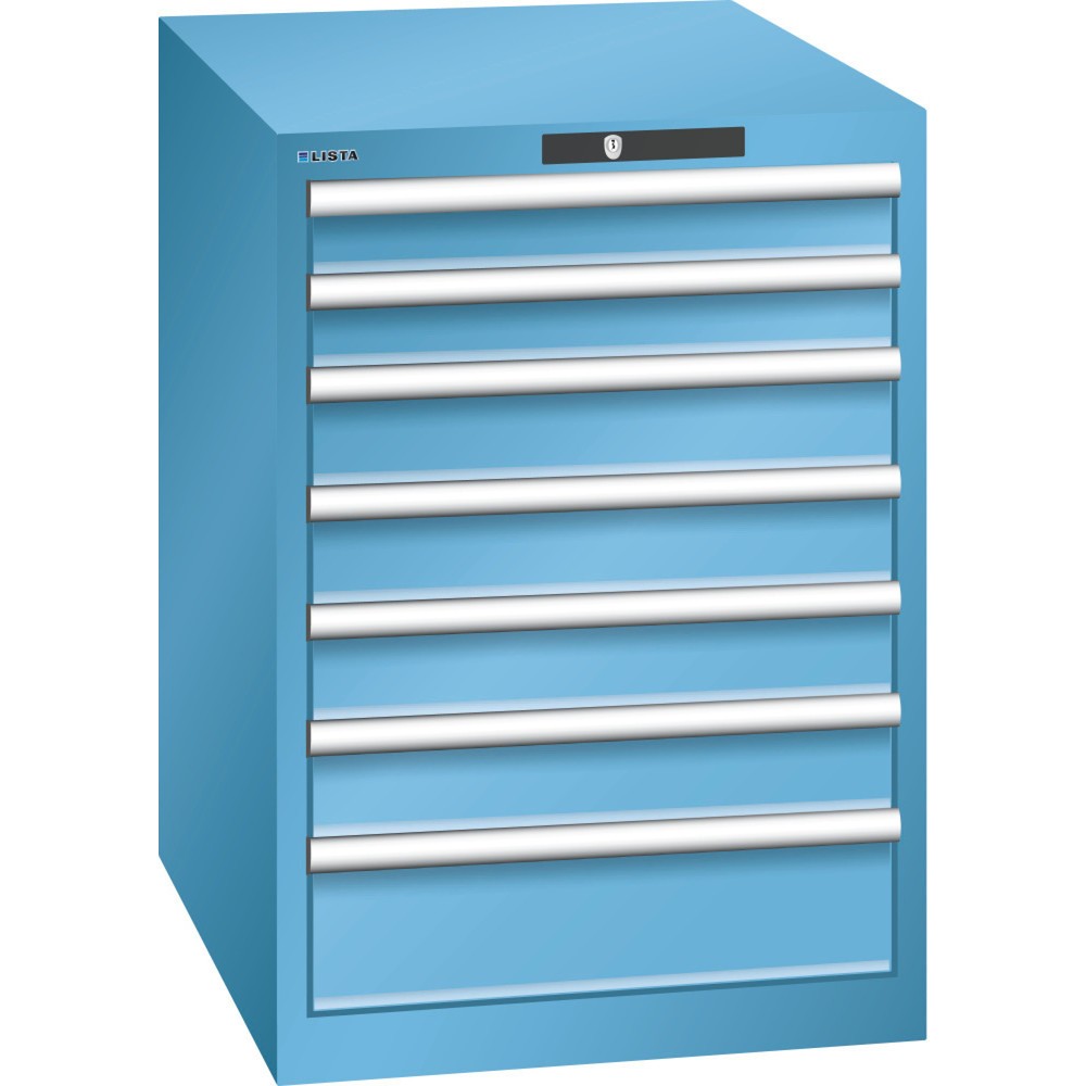 Produktabbildung: LISTA Schubladenschrank 27x36E, (BxTxH) 564x725x800mm, 7 Schubladen, 2 x 75 / 4 x 100 / 1 x 150, lichtblau, KEY Lock