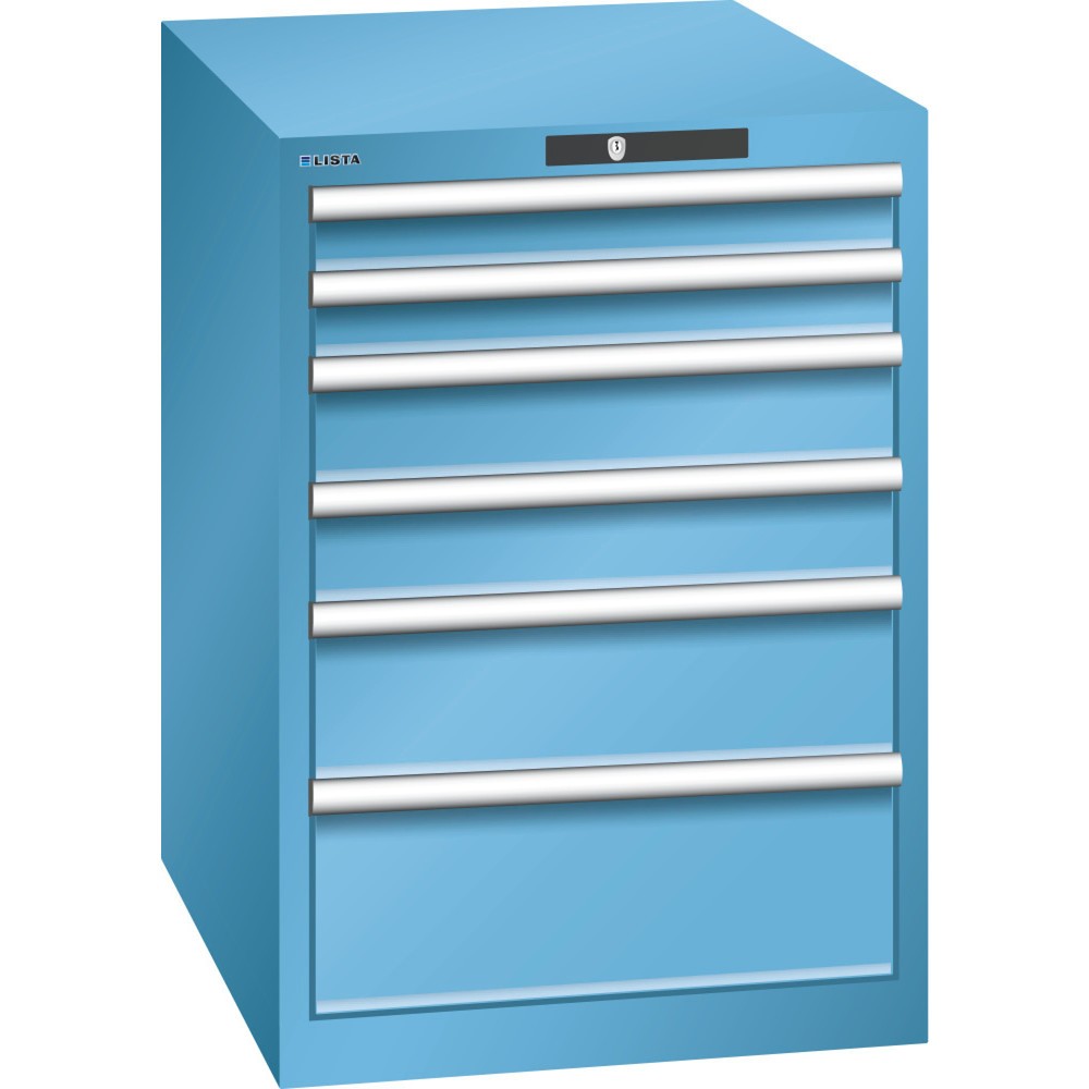 Produktabbildung: LISTA Schubladenschrank 27x36E, (BxTxH) 564x725x800mm, 6 Schubladen, Fronthöhen 75-200mm, lichtblau, KEY Lock