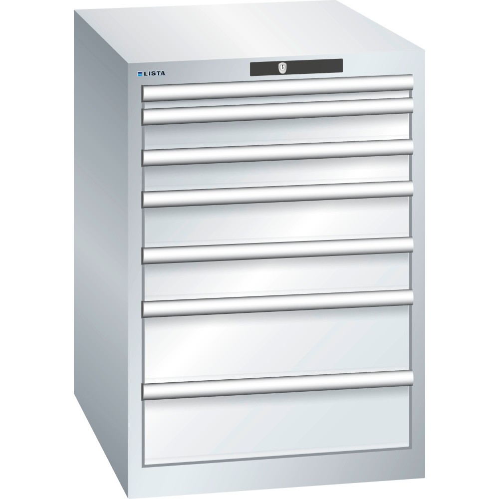 Produktabbildung: LISTA Schubladenschrank 27x36E, (BxTxH) 564x725x800mm, 7 Schubladen, Fronthöhen 50-150mm, lichtgrau, KEY Lock