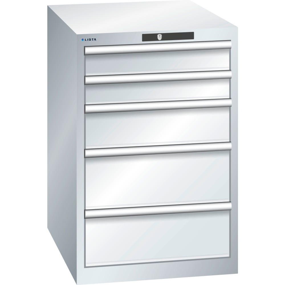 Produktabbildung: LISTA Schubladenschrank 27x36E, (BxTxH) 564x725x850mm, 5 Schubladen, 2 x 100 / 1 x 150 / 2 x 200, lichtgrau, KEY Lock