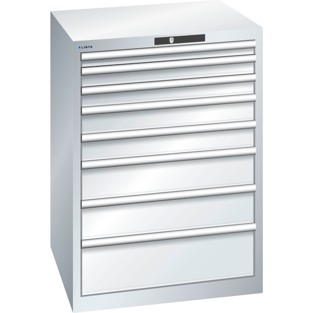 Produktabbildung: LISTA Schubladenschrank 36x36E, (BxTxH) 717x725x1000mm, 8 Schubladen, Fronthöhen 50-200mm, lichtgrau, KEY Lock