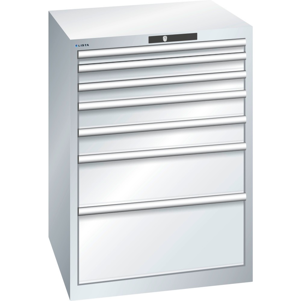 Produktabbildung: LISTA Schubladenschrank 36x36E, (BxTxH) 717x725x1000mm, 7 Schubladen, Fronthöhen 50-300mm, lichtgrau, KEY Lock