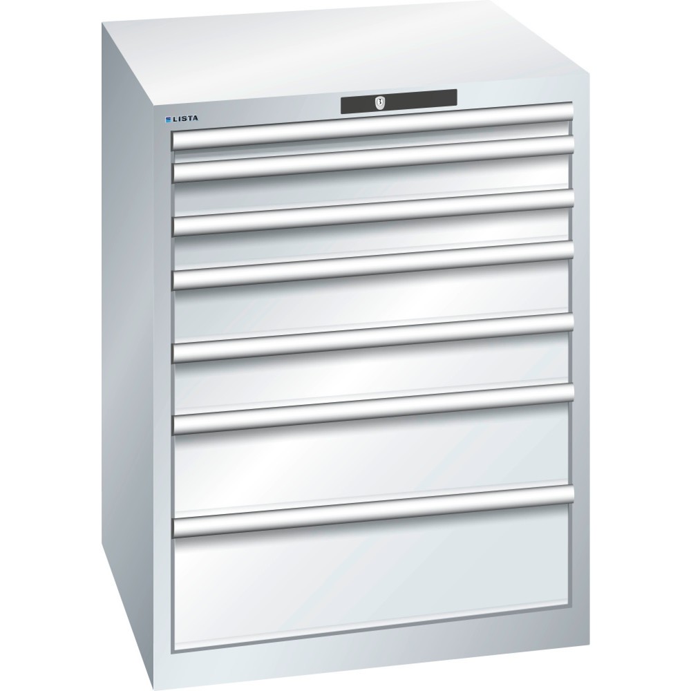 Produktabbildung: LISTA Schubladenschrank 36x36E, (BxTxH) 717x725x850mm, 7 Schubladen, Fronthöhen 50-200mm, lichtgrau, KEY Lock