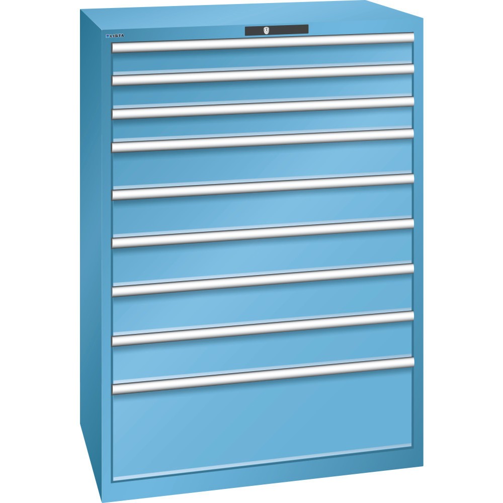 Produktabbildung: LISTA Schubladenschrank 54x36E, (BxTxH) 1023x725x1450mm, 9 Schubladen, 3 x 100 / 5 x 150 / 1 x 300, lichtblau, KEY Lock