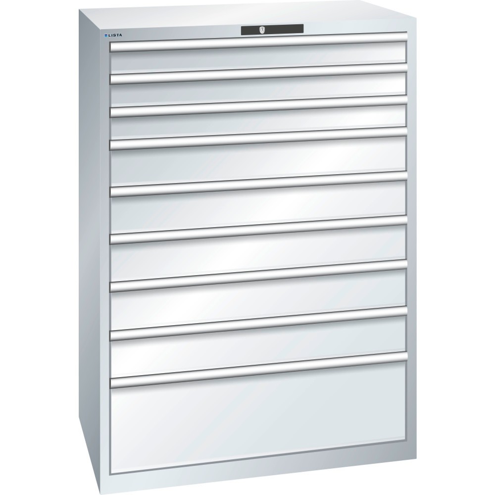 Produktabbildung: LISTA Schubladenschrank 54x36E, (BxTxH) 1023x725x1450mm, 9 Schubladen TK 200kg, lichtgrau, KEY Lock