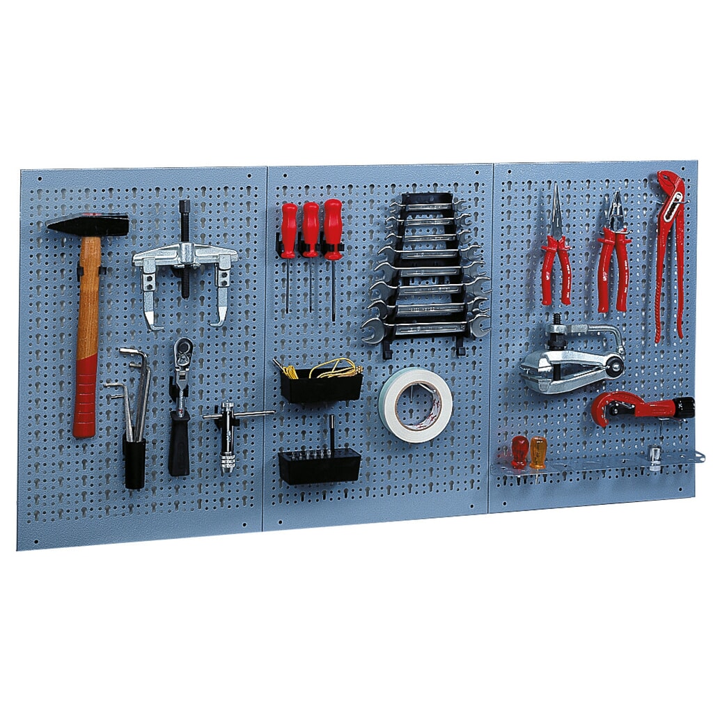 Produktabbildung: Lochplatte aus Stahlblech, mit 12 Standard-Haken
