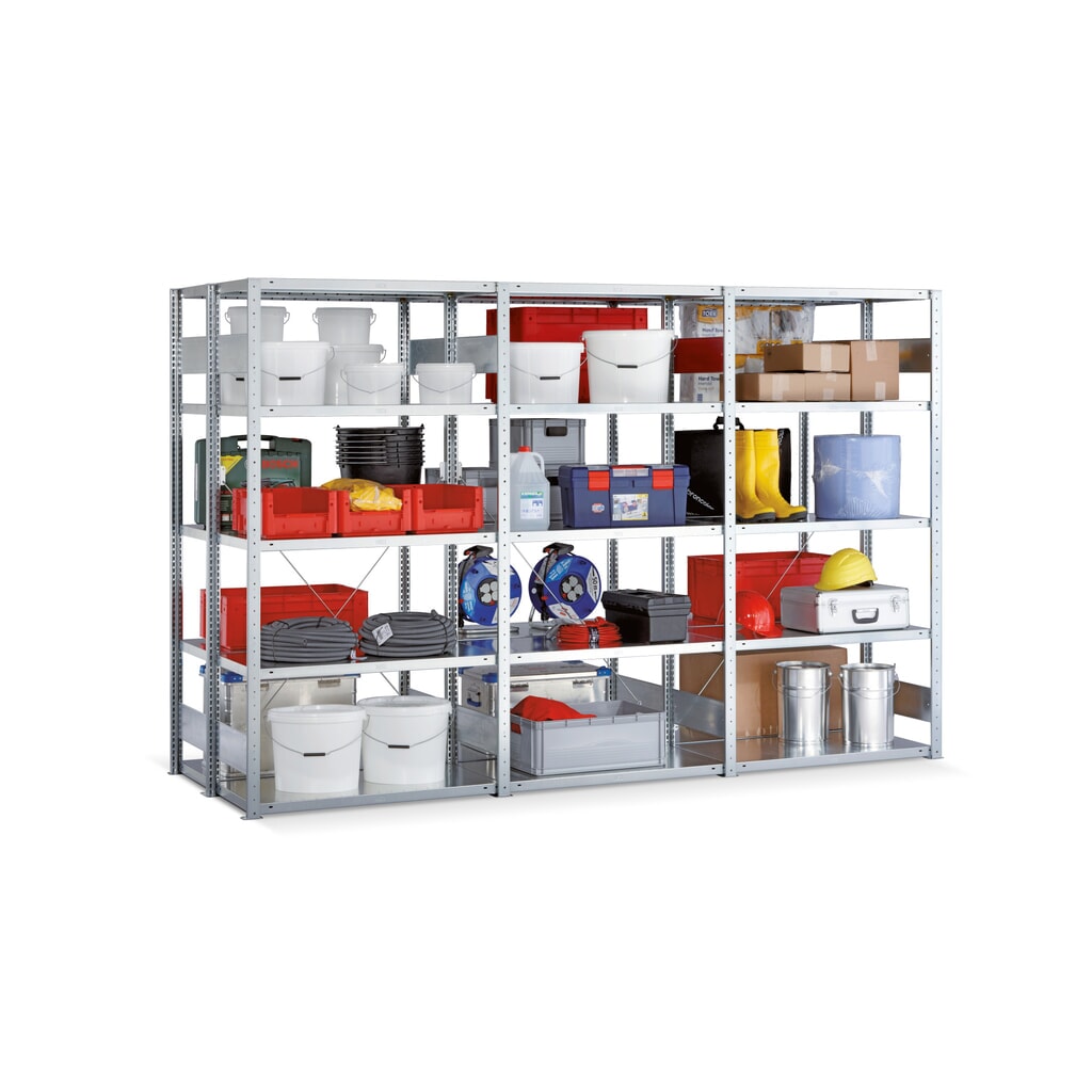 META Komplettpaket Fachbodenregal verzinkt doppelzeilig, Fachlast 230 kg, HxBxT 2.000 x 3.068 x 875 mm Produktabbildung: META Komplettpaket Fachbodenregal verzinkt doppelzeilig, Fachlast 230 kg, HxBxT 2.000 x 3.068 x 875 mm