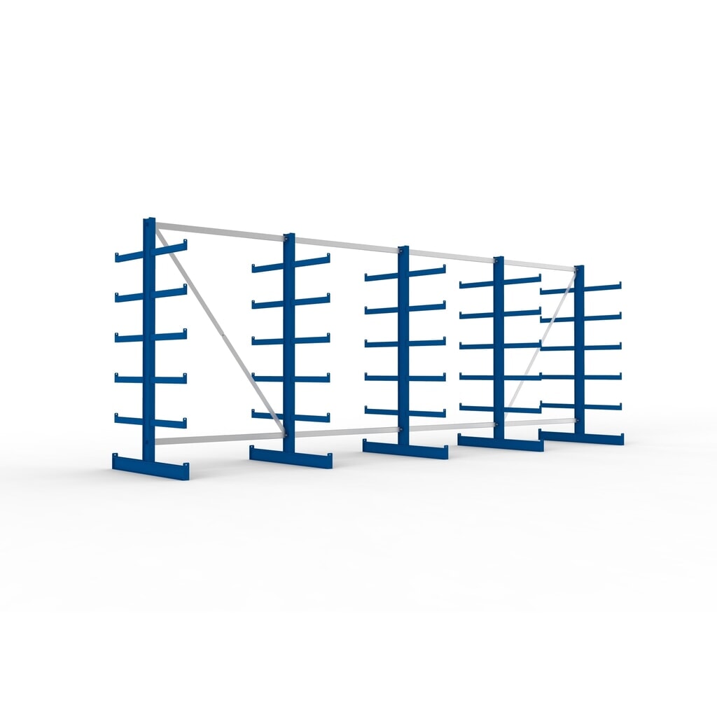Produktabbildung: META Komplettpaket Kragarmregal, doppelseitig, Tragkraft pro Arm 200 kg, HxBxT 2.000 x 5.455 x 1.150 mm, 5 Ständer
