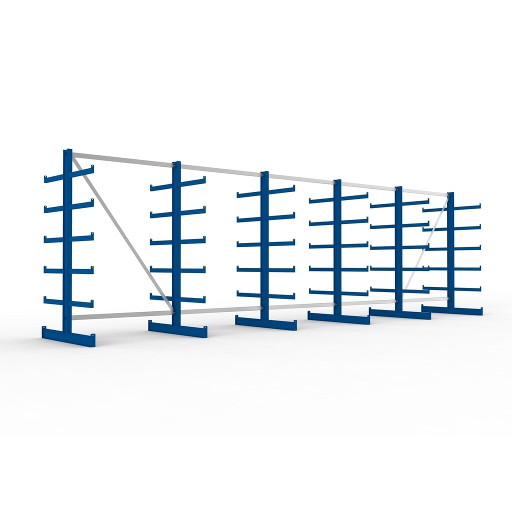 META Komplettpaket Kragarmregal, doppelseitig, Tragkraft pro Arm 200 kg, HxBxT 2.000 x 6.805 x 1.150 mm, 6 Ständer Produktabbildung: META Komplettpaket Kragarmregal, doppelseitig, Tragkraft pro Arm 200 kg, HxBxT 2.000 x 6.805 x 1.150 mm, 6 Ständer