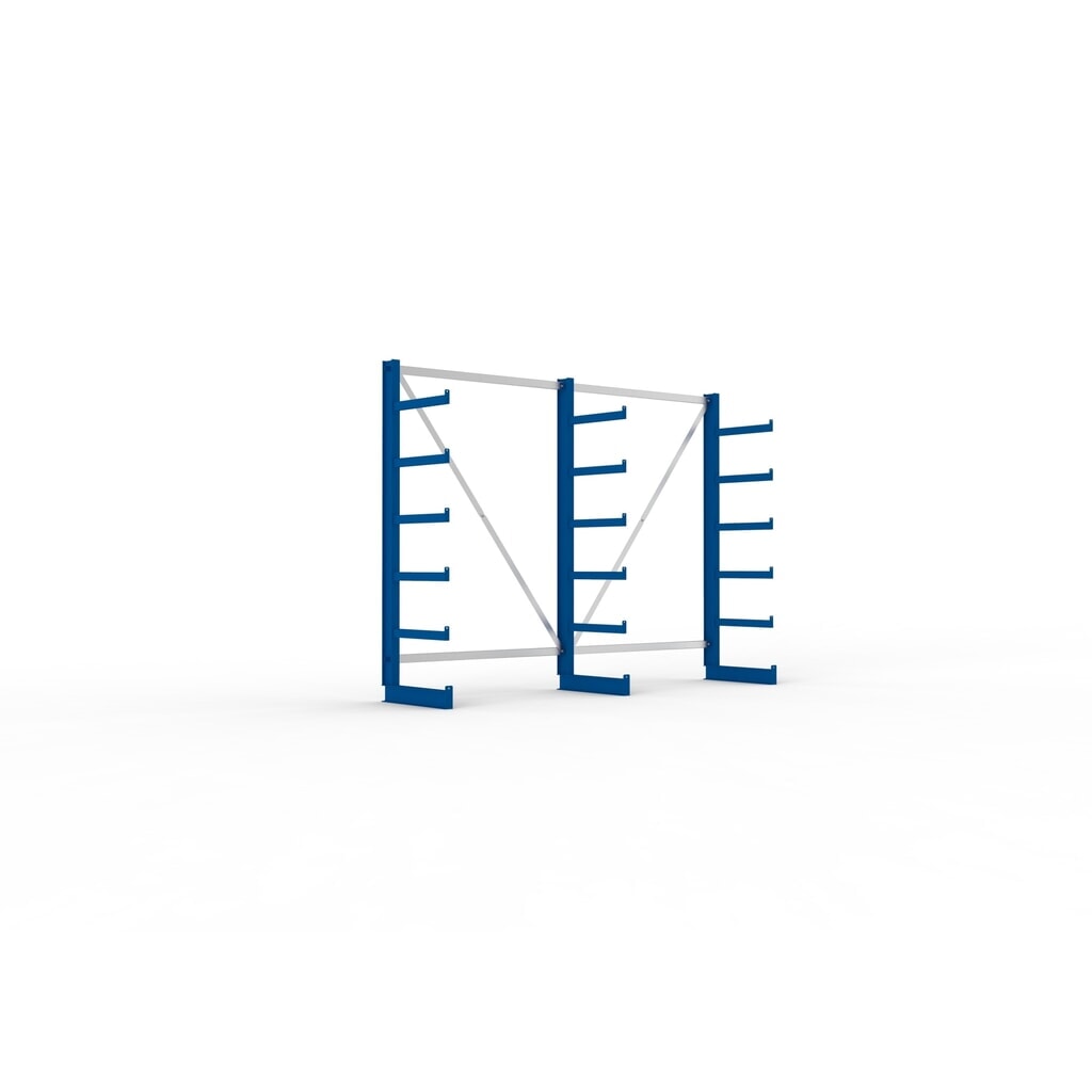Produktabbildung: META Komplettpaket Kragarmregal, einseitig, Tragkraft pro Arm 200 kg, HxBxT 2.000 x 2.755 x 630 mm, 3 Ständer