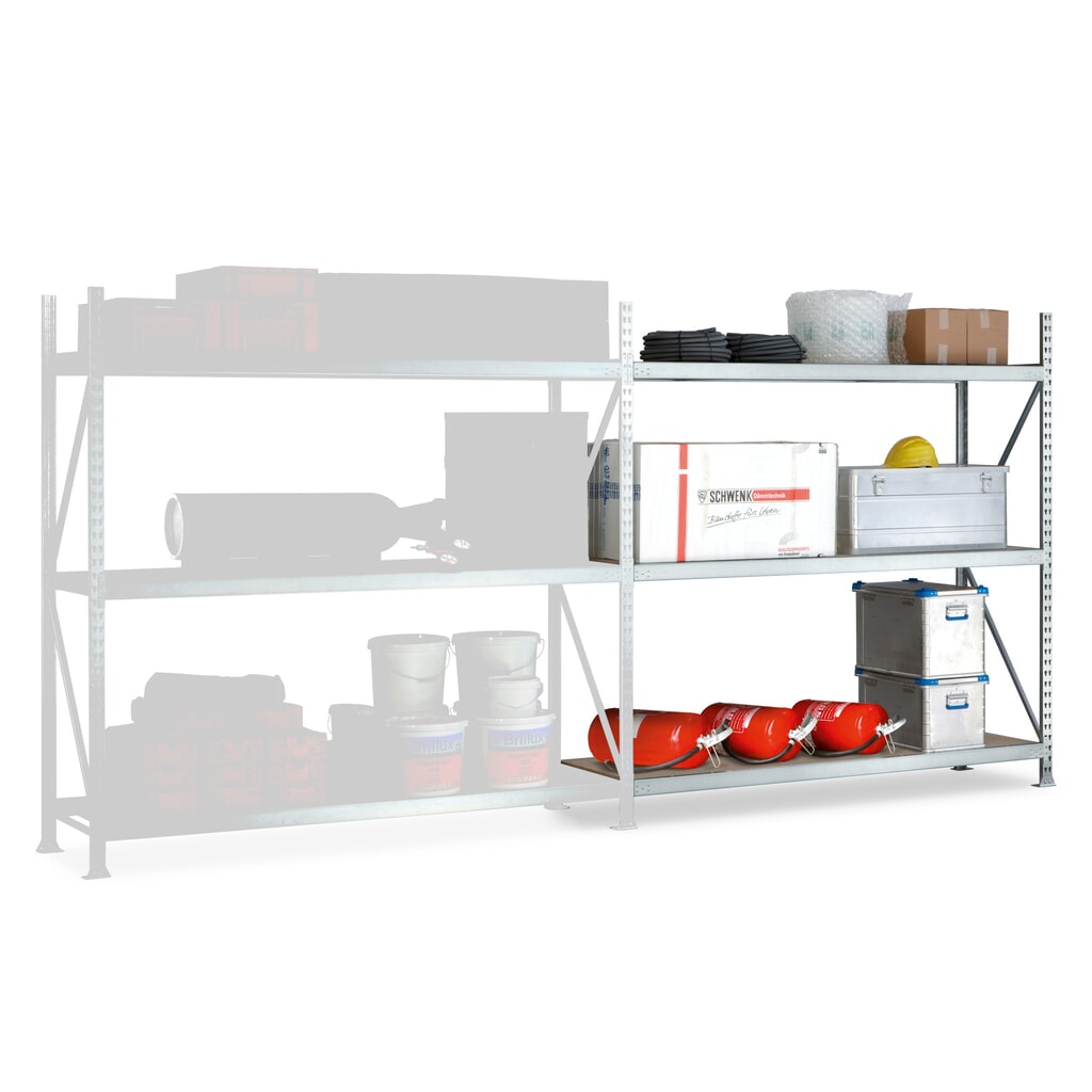Produktabbildung: META Weitspannregal, mit Spanplatten, FL 600 kg, AF, HxBxT 2.200 x 1.800 x 650 mm