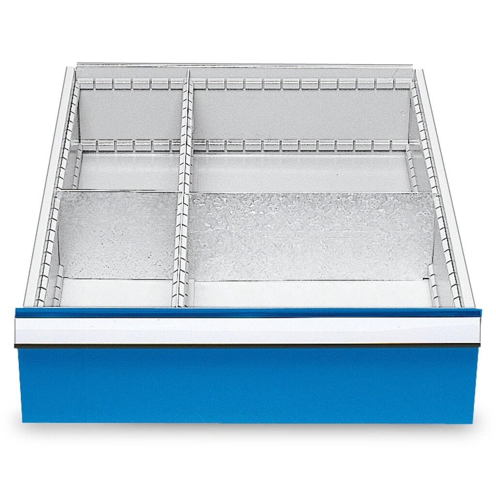 Produktabbildung: Metall-Schubladeneinteilung für Bedrunka+Hirth Reihenwerkbänke, für Fronthöhe 150 mm, 4 Fächer