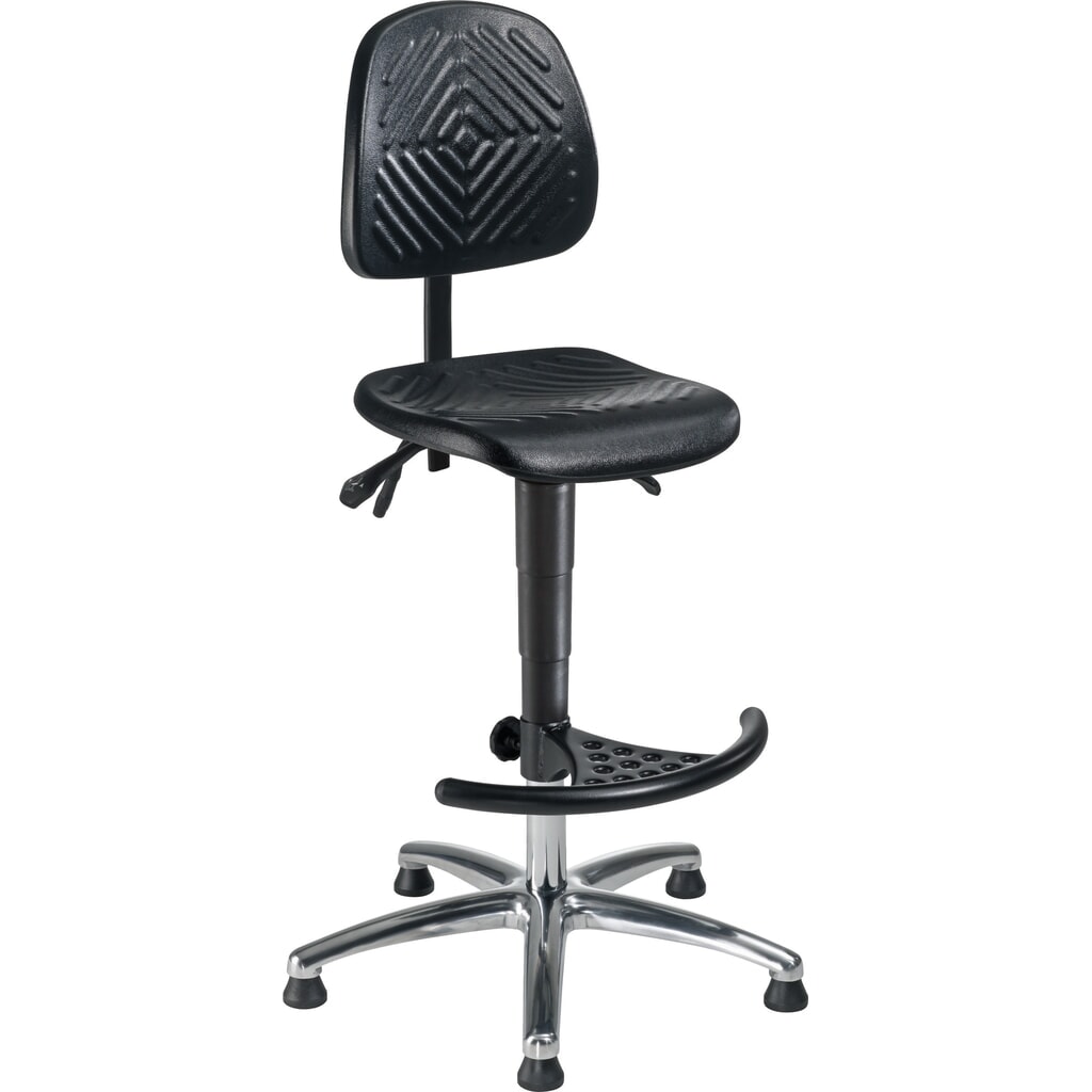 Produktabbildung: meychair Arbeitsdrehstuhl High-Level, Sitzhöhe 580-830 mm, Stahlbasis verchromt, Bodengleiter, Fussstütze