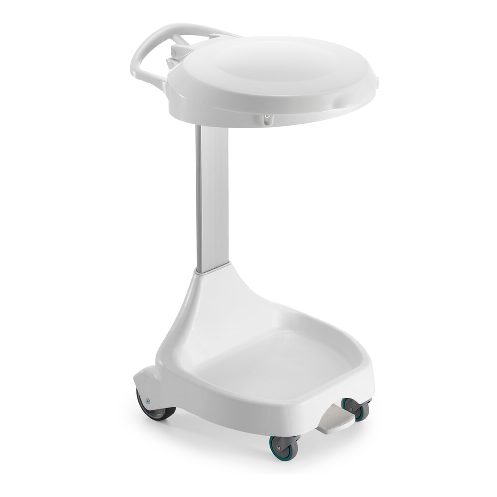 Produktabbildung: Mobiler Pedal-Abfallsackhalter Delta I, für 120-Liter-Säcke, 2 Räder + 2 Lenkrollen, Gestell weiss, Deckel blau