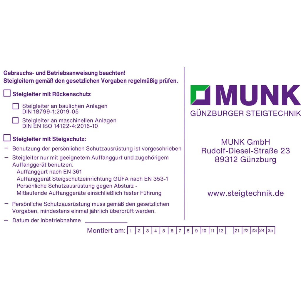 Munk Kennzeichnungsschild für Steigschutzeinrichtung f. Steigschutz Produktabbildung: Munk Kennzeichnungsschild für Steigschutzeinrichtung f. Steigschutz