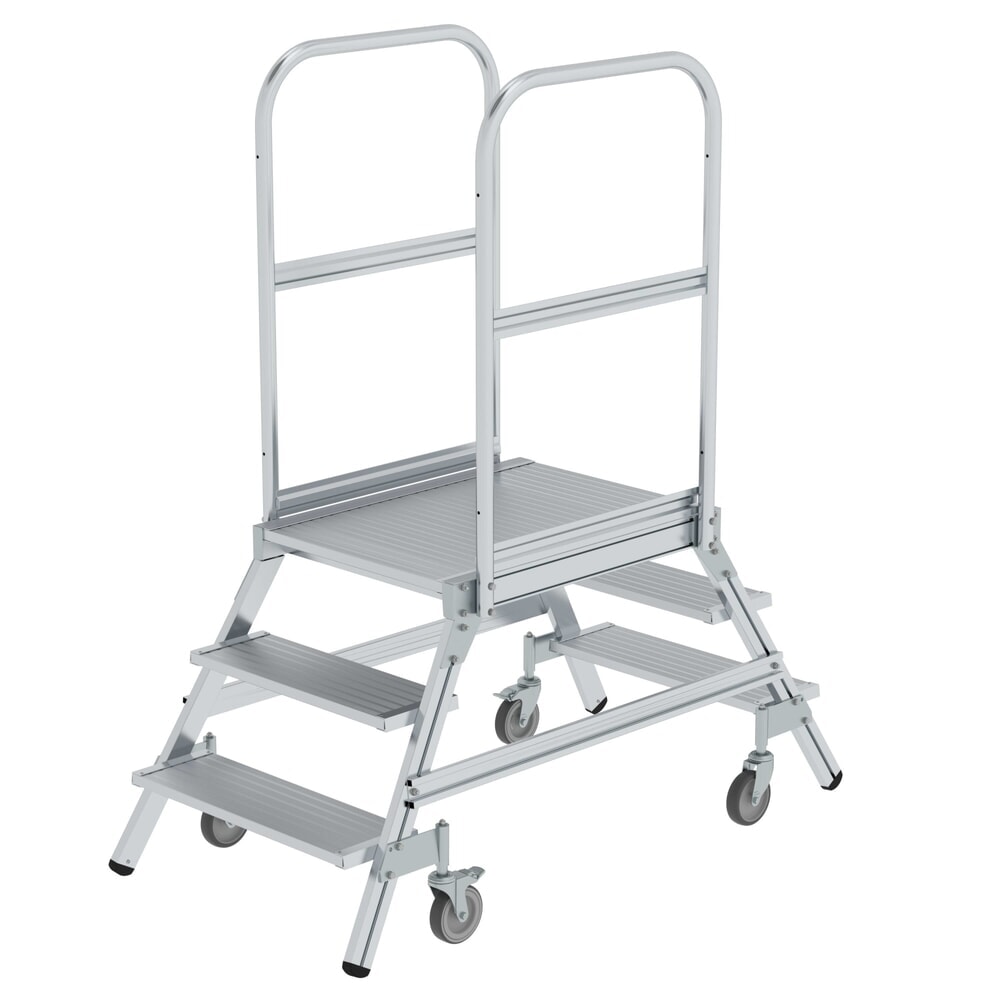 Produktabbildung: Munk Podesttreppe beidseitig begehbar mit Federrollen Aluminium geriffelt 3 Stufen